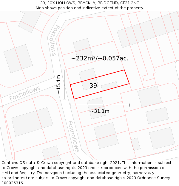 39, FOX HOLLOWS, BRACKLA, BRIDGEND, CF31 2NG: Plot and title map