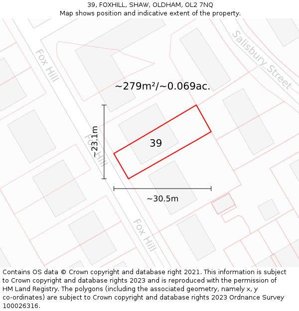 39, FOXHILL, SHAW, OLDHAM, OL2 7NQ: Plot and title map
