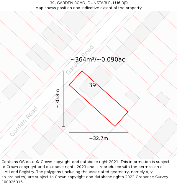 39, GARDEN ROAD, DUNSTABLE, LU6 3JD: Plot and title map