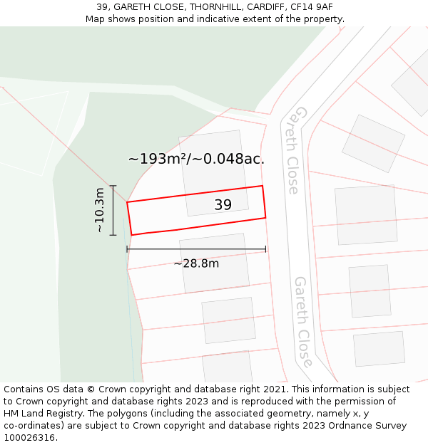 39, GARETH CLOSE, THORNHILL, CARDIFF, CF14 9AF: Plot and title map
