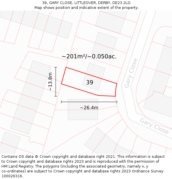 39, GARY CLOSE, LITTLEOVER, DERBY, DE23 2LG: Plot and title map
