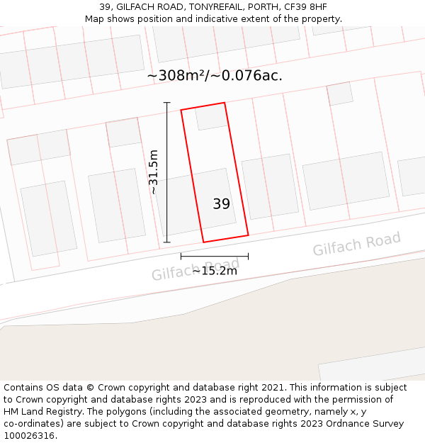 39, GILFACH ROAD, TONYREFAIL, PORTH, CF39 8HF: Plot and title map