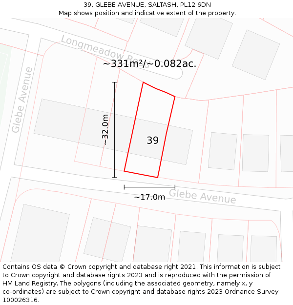 39, GLEBE AVENUE, SALTASH, PL12 6DN: Plot and title map