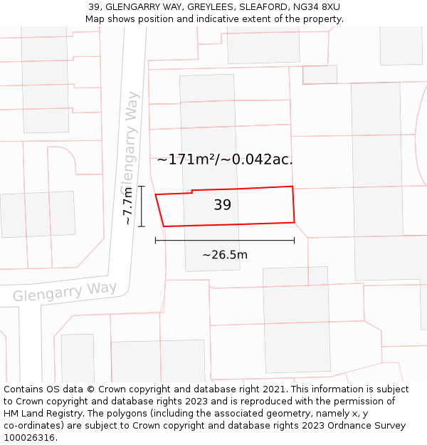 39, GLENGARRY WAY, GREYLEES, SLEAFORD, NG34 8XU: Plot and title map