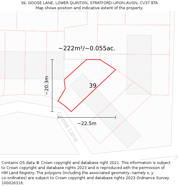 39, GOOSE LANE, LOWER QUINTON, STRATFORD-UPON-AVON, CV37 8TA: Plot and title map