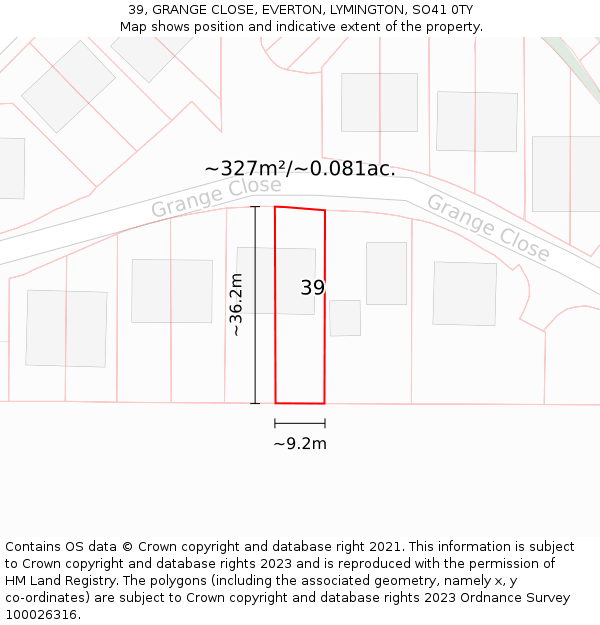 39, GRANGE CLOSE, EVERTON, LYMINGTON, SO41 0TY: Plot and title map