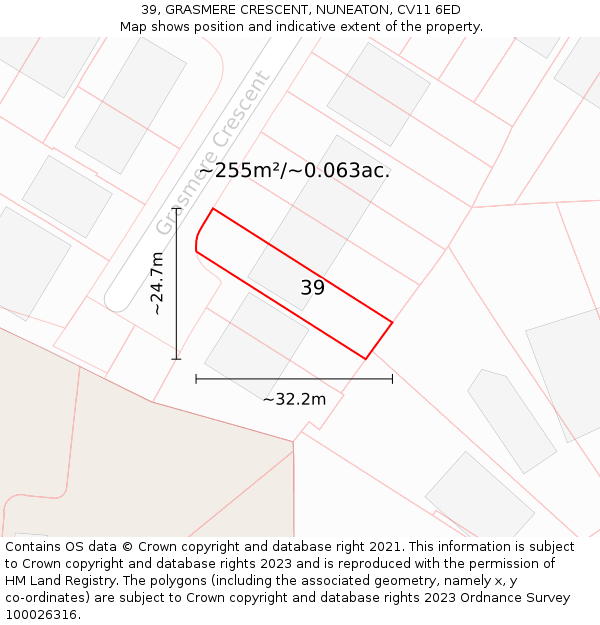 39, GRASMERE CRESCENT, NUNEATON, CV11 6ED: Plot and title map