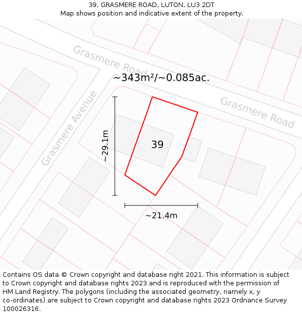 39, GRASMERE ROAD, LUTON, LU3 2DT: Plot and title map