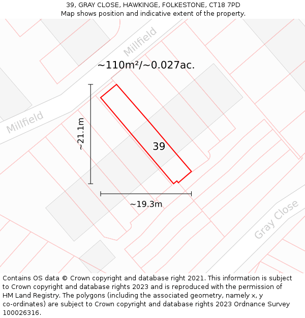 39, GRAY CLOSE, HAWKINGE, FOLKESTONE, CT18 7PD: Plot and title map