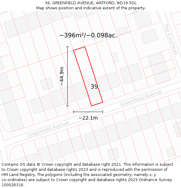 39, GREENFIELD AVENUE, WATFORD, WD19 5DL: Plot and title map