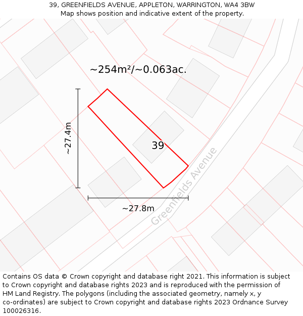 39, GREENFIELDS AVENUE, APPLETON, WARRINGTON, WA4 3BW: Plot and title map