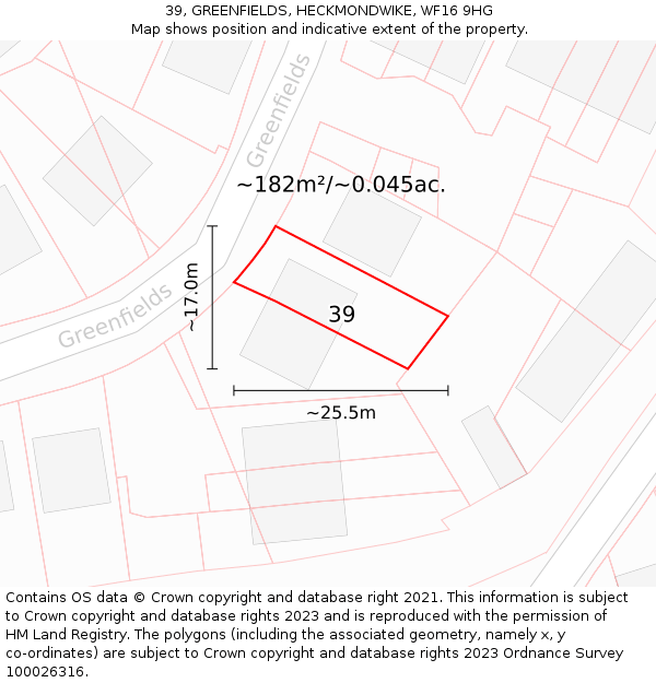 39, GREENFIELDS, HECKMONDWIKE, WF16 9HG: Plot and title map