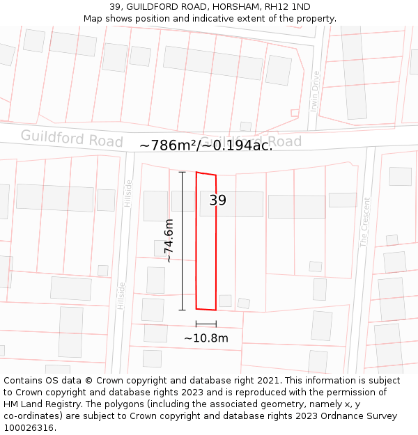 39, GUILDFORD ROAD, HORSHAM, RH12 1ND: Plot and title map