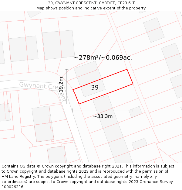 39, GWYNANT CRESCENT, CARDIFF, CF23 6LT: Plot and title map
