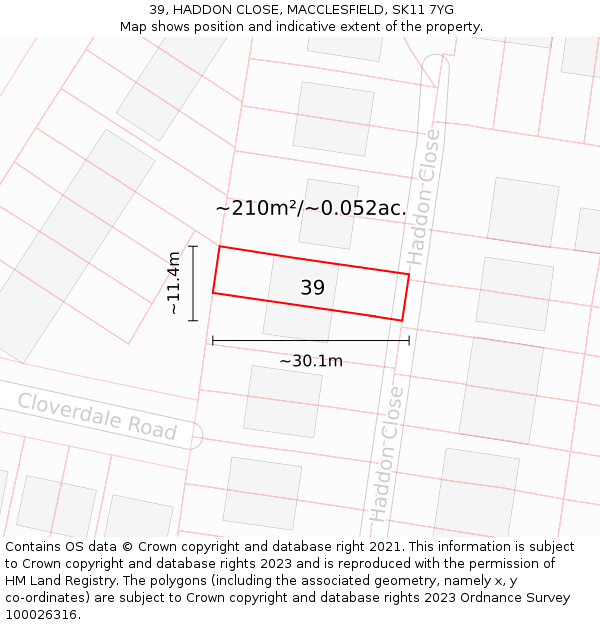 39, HADDON CLOSE, MACCLESFIELD, SK11 7YG: Plot and title map
