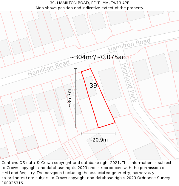 39, HAMILTON ROAD, FELTHAM, TW13 4PR: Plot and title map