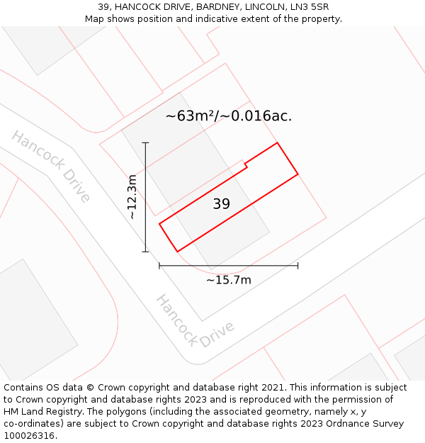 39, HANCOCK DRIVE, BARDNEY, LINCOLN, LN3 5SR: Plot and title map