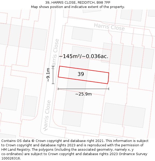 39, HARRIS CLOSE, REDDITCH, B98 7PP: Plot and title map