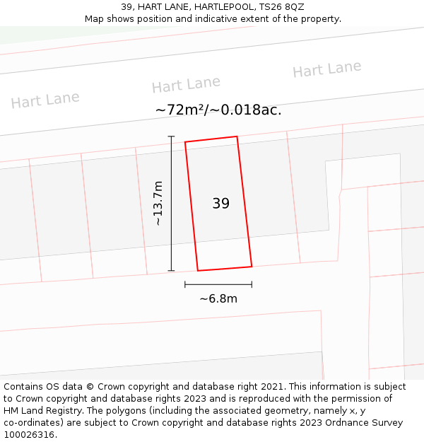 39, HART LANE, HARTLEPOOL, TS26 8QZ: Plot and title map