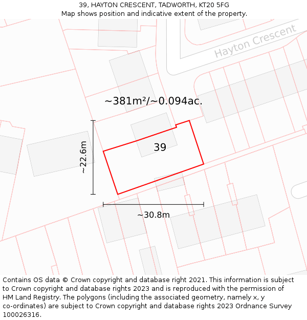39, HAYTON CRESCENT, TADWORTH, KT20 5FG: Plot and title map