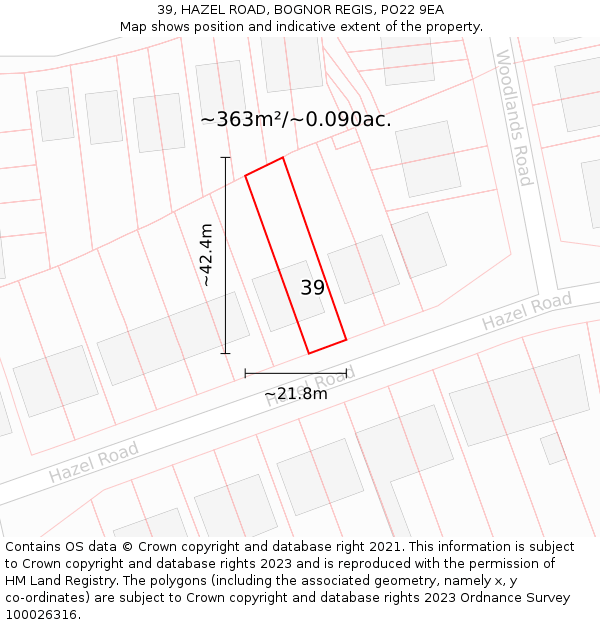 39, HAZEL ROAD, BOGNOR REGIS, PO22 9EA: Plot and title map