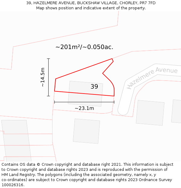 39, HAZELMERE AVENUE, BUCKSHAW VILLAGE, CHORLEY, PR7 7FD: Plot and title map