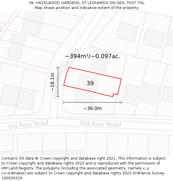 39, HAZELWOOD GARDENS, ST LEONARDS-ON-SEA, TN37 7HL: Plot and title map