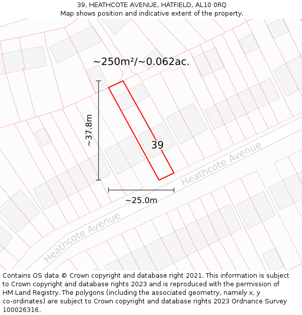 39, HEATHCOTE AVENUE, HATFIELD, AL10 0RQ: Plot and title map