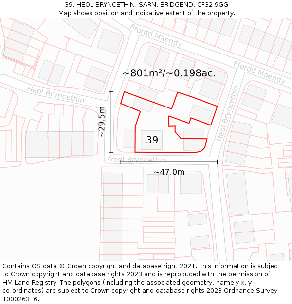 39, HEOL BRYNCETHIN, SARN, BRIDGEND, CF32 9GG: Plot and title map