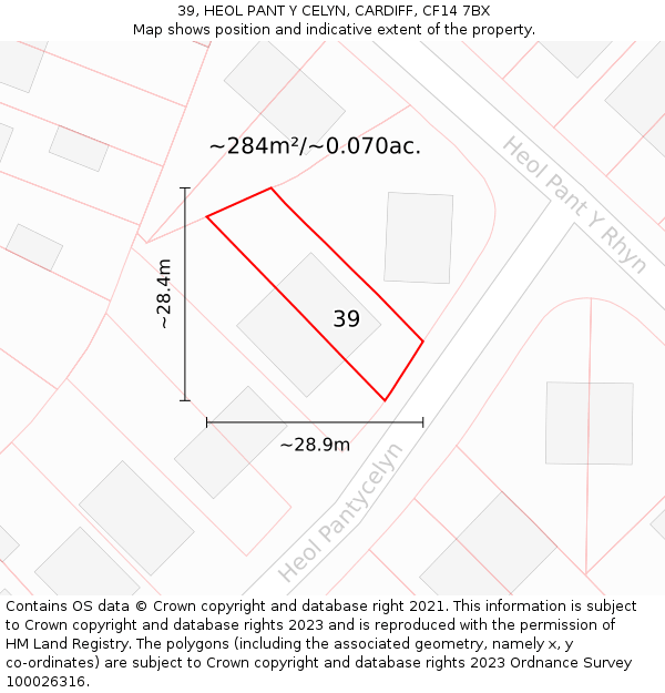 39, HEOL PANT Y CELYN, CARDIFF, CF14 7BX: Plot and title map