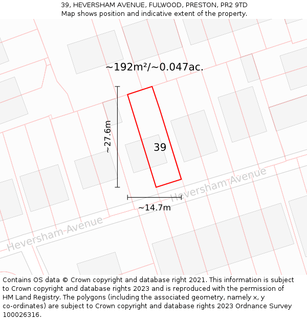 39, HEVERSHAM AVENUE, FULWOOD, PRESTON, PR2 9TD: Plot and title map