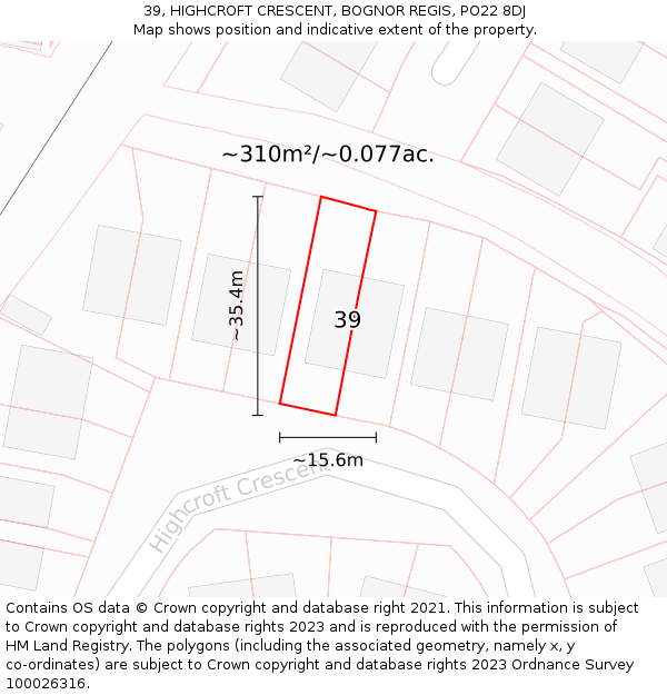 39, HIGHCROFT CRESCENT, BOGNOR REGIS, PO22 8DJ: Plot and title map
