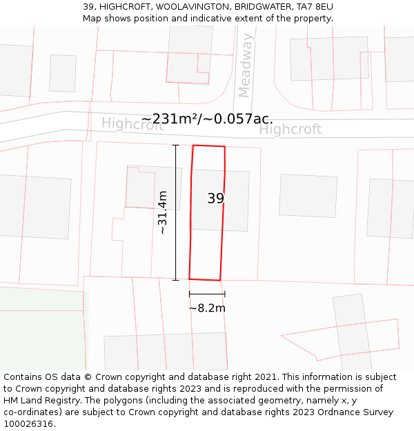 39, HIGHCROFT, WOOLAVINGTON, BRIDGWATER, TA7 8EU: Plot and title map