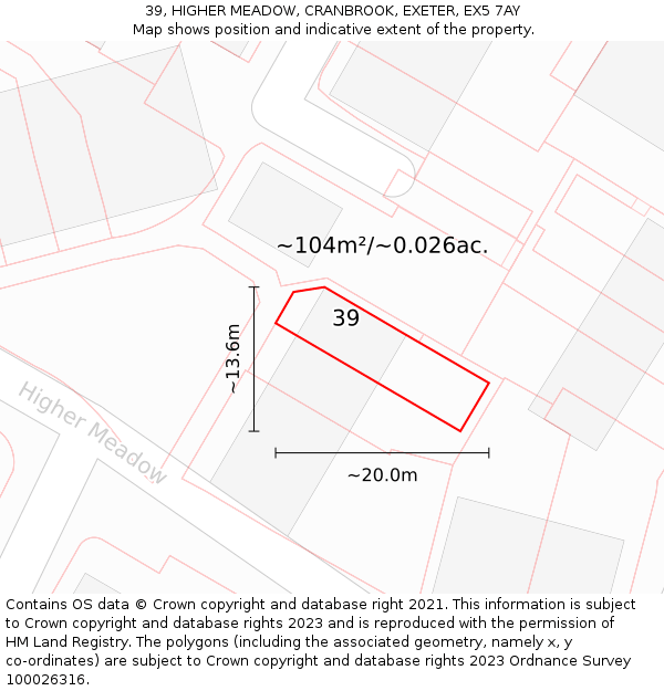 39, HIGHER MEADOW, CRANBROOK, EXETER, EX5 7AY: Plot and title map