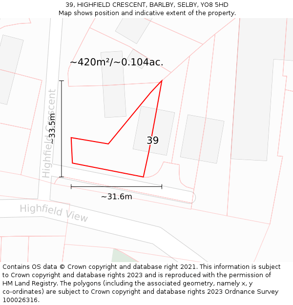 39, HIGHFIELD CRESCENT, BARLBY, SELBY, YO8 5HD: Plot and title map