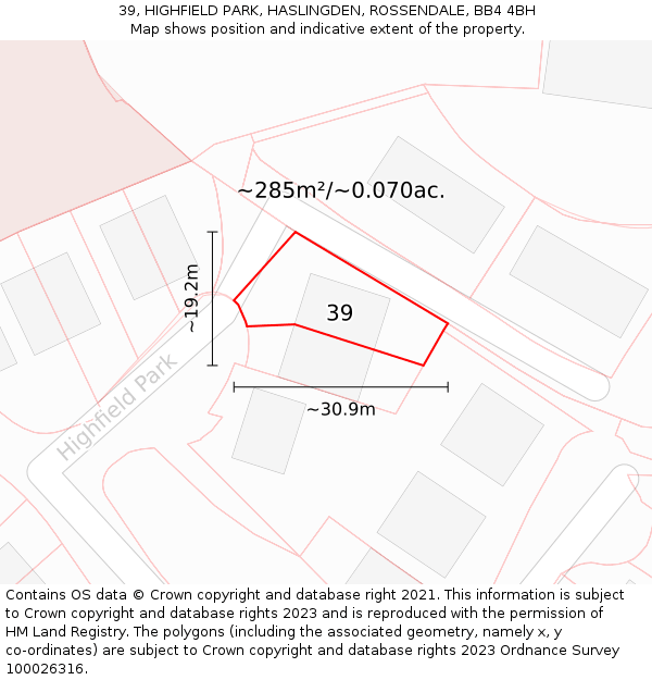39, HIGHFIELD PARK, HASLINGDEN, ROSSENDALE, BB4 4BH: Plot and title map