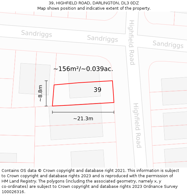 39, HIGHFIELD ROAD, DARLINGTON, DL3 0DZ: Plot and title map