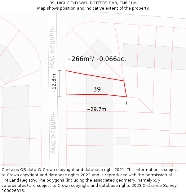 39, HIGHFIELD WAY, POTTERS BAR, EN6 1UN: Plot and title map
