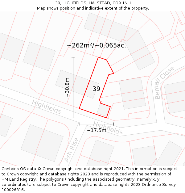 39, HIGHFIELDS, HALSTEAD, CO9 1NH: Plot and title map