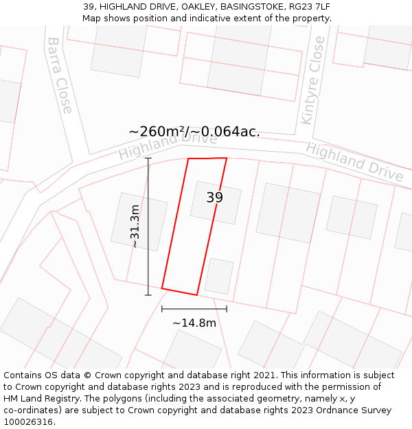 39, HIGHLAND DRIVE, OAKLEY, BASINGSTOKE, RG23 7LF: Plot and title map