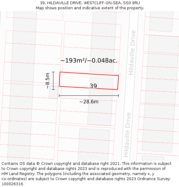 39, HILDAVILLE DRIVE, WESTCLIFF-ON-SEA, SS0 9RU: Plot and title map