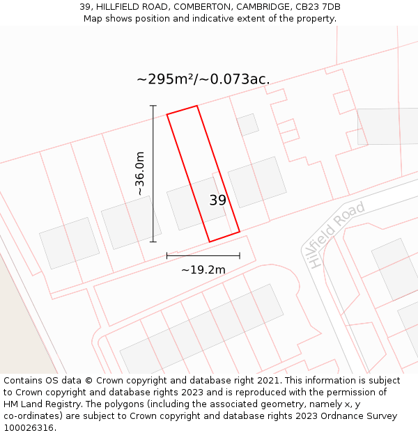 39, HILLFIELD ROAD, COMBERTON, CAMBRIDGE, CB23 7DB: Plot and title map