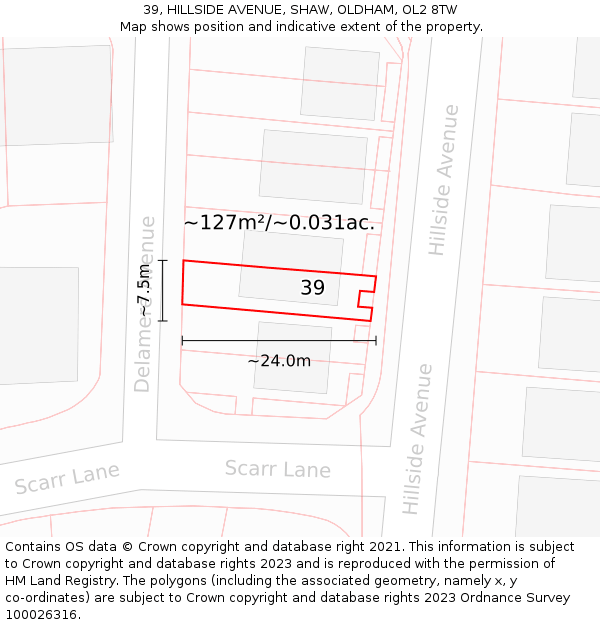 39, HILLSIDE AVENUE, SHAW, OLDHAM, OL2 8TW: Plot and title map