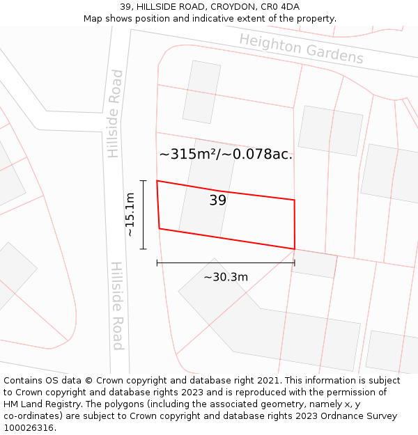 39, HILLSIDE ROAD, CROYDON, CR0 4DA: Plot and title map