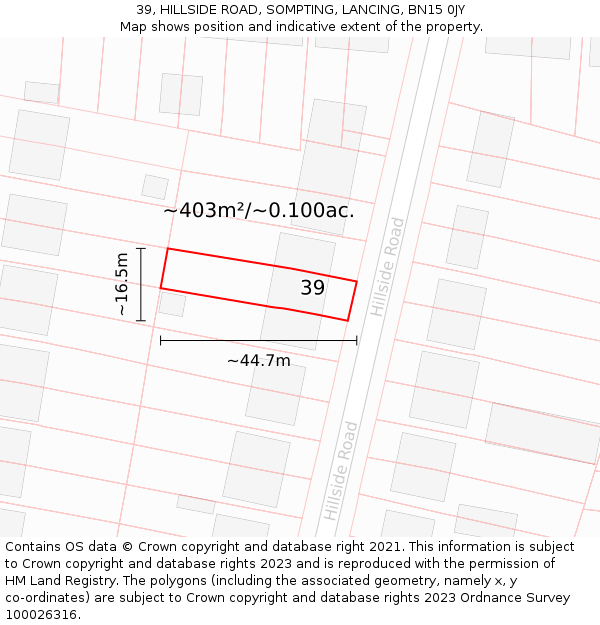 39, HILLSIDE ROAD, SOMPTING, LANCING, BN15 0JY: Plot and title map