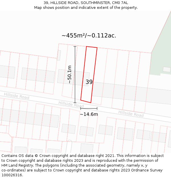39, HILLSIDE ROAD, SOUTHMINSTER, CM0 7AL: Plot and title map
