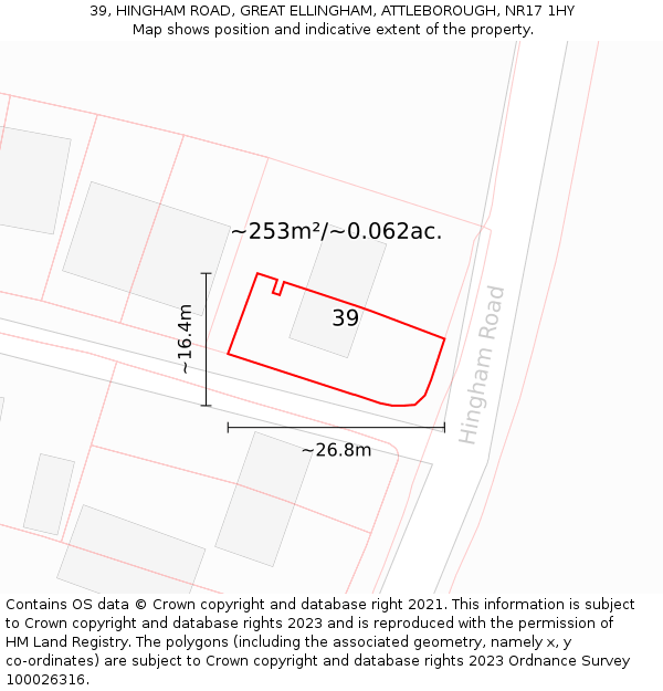 39, HINGHAM ROAD, GREAT ELLINGHAM, ATTLEBOROUGH, NR17 1HY: Plot and title map
