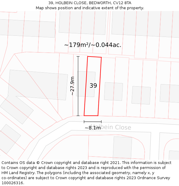 39, HOLBEIN CLOSE, BEDWORTH, CV12 8TA: Plot and title map