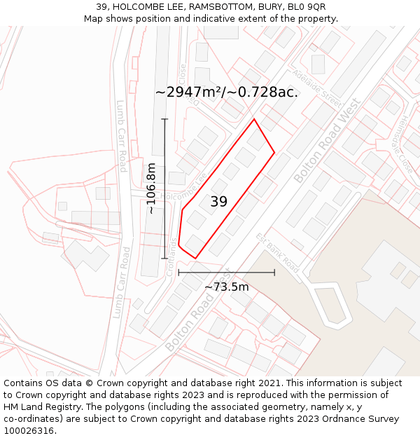 39, HOLCOMBE LEE, RAMSBOTTOM, BURY, BL0 9QR: Plot and title map