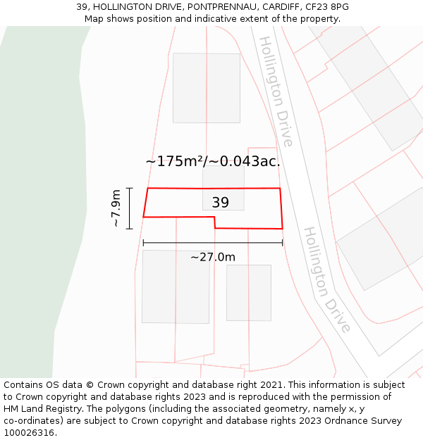 39, HOLLINGTON DRIVE, PONTPRENNAU, CARDIFF, CF23 8PG: Plot and title map